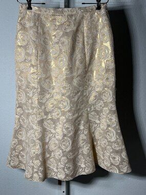 Louise Ricci Golden Lamé Brocade Flare Skirt w Rose Print SZ 12